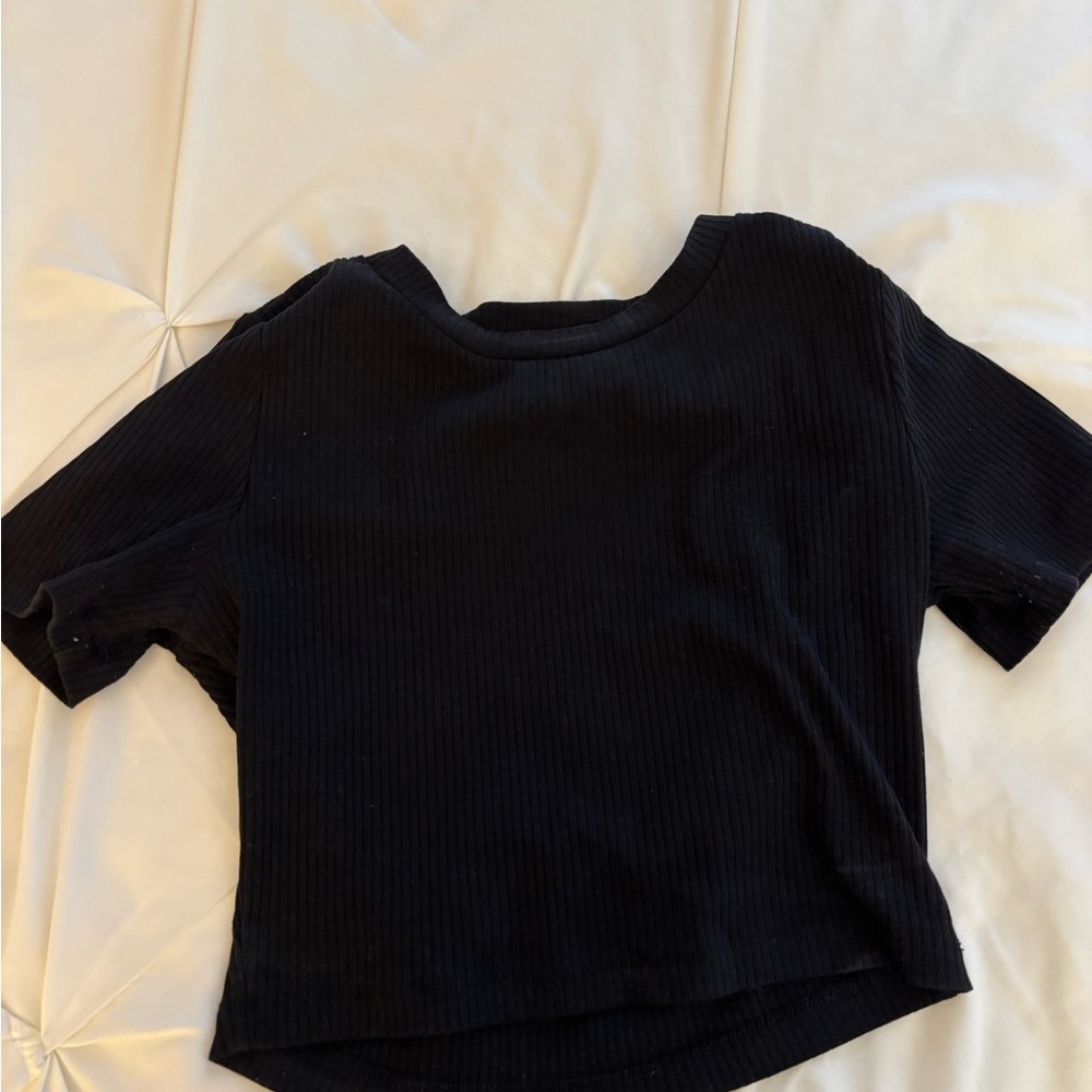 White Fox Black Ribbed Cropped Short Sleeve Top